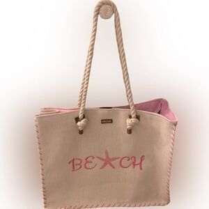 Sun N Sand Linen Beach Bag - 17x14.5 x6 linen flax pink embroidered, NWOT